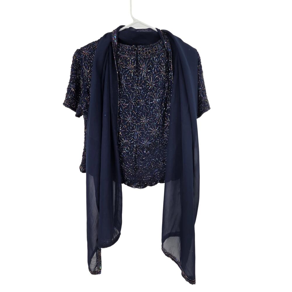 VINTAGE ADRIANNA PAPELL P10 SILK BEADED CREW NECK BLOUSE AND MATCHING SCARF